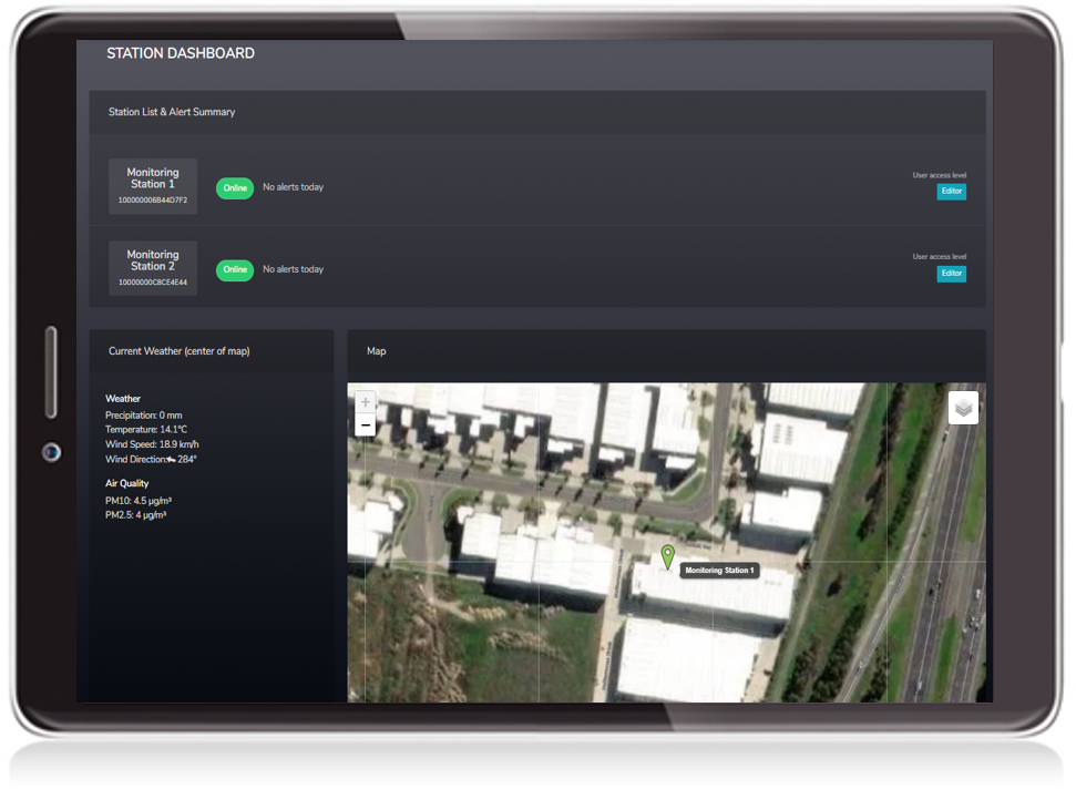 East Coast Environmental Monitoring Pro Link Dashboard showing station location on map with status of each station, alerts numbers and more